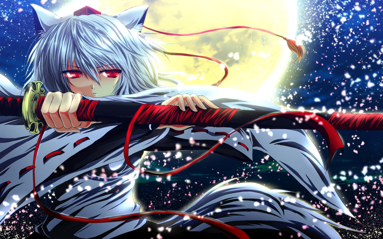 animal_ears, gray_hair, hat, inubashiri_momiji, katana, moon, nekominase, night