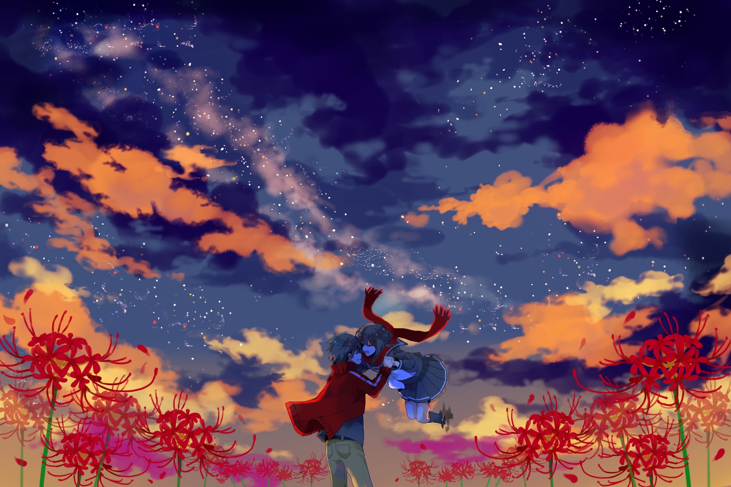 amagi_hana, black_hair, clouds, flowers, kagerou_project, kisaragi_shintaro, night, scarf, school_uniform, short_hair, skirt, sky, stars, tateyama_ayano
