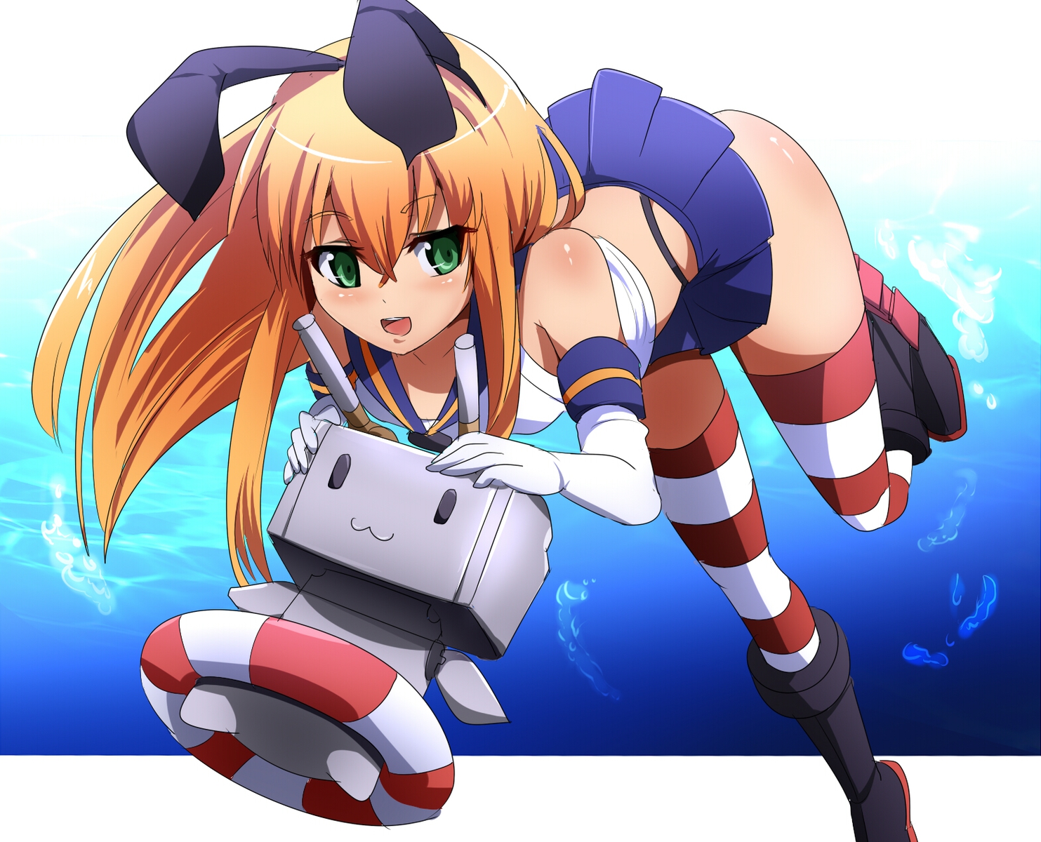 anthropomorphism, boots, bubbles, elbow_gloves, gloves, green_eyes, headband, kantai_collection