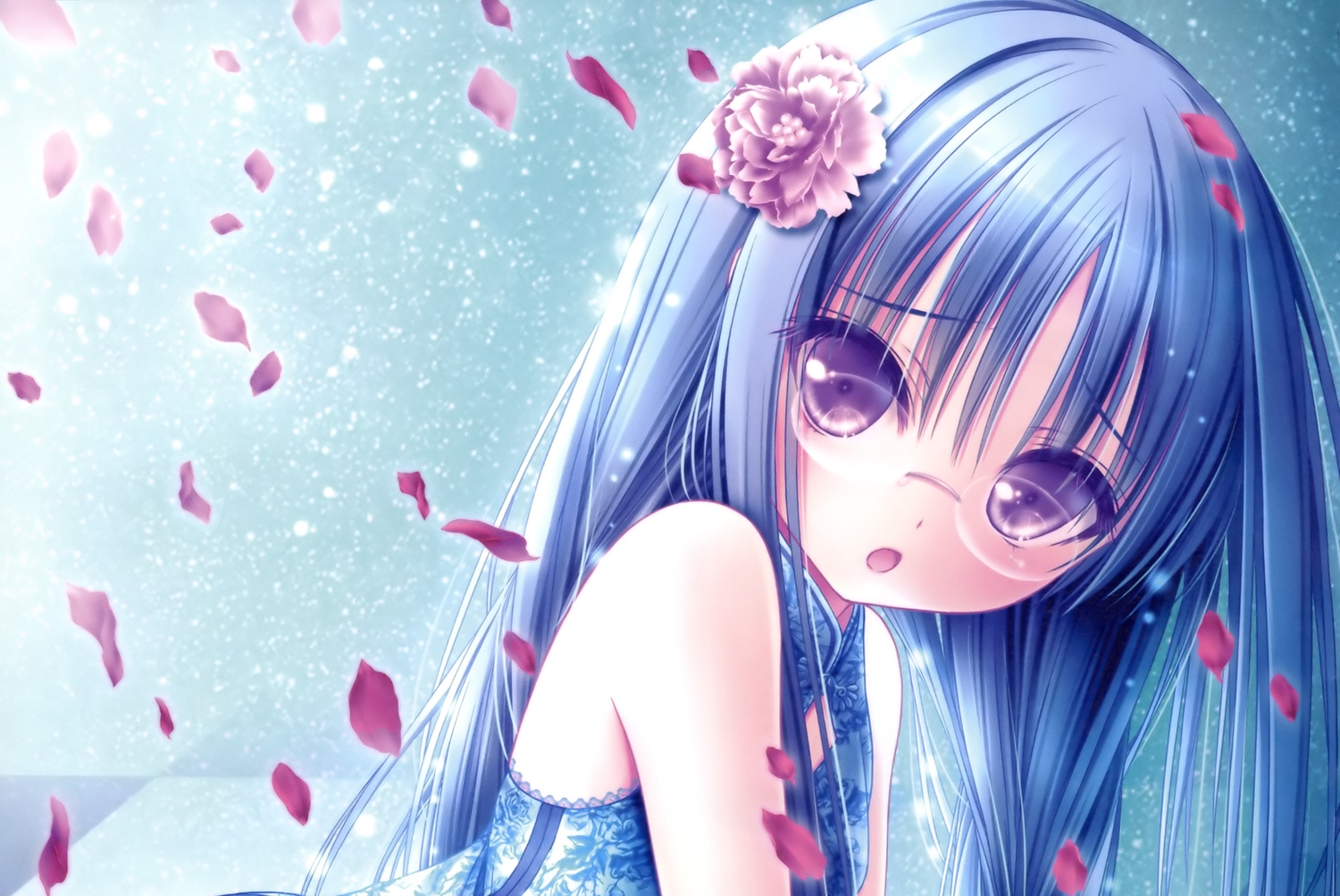 blue_hair, chinese_clothes, chinese_dress, dress, flowers, glasses, long_hair, nagatsuka_saki