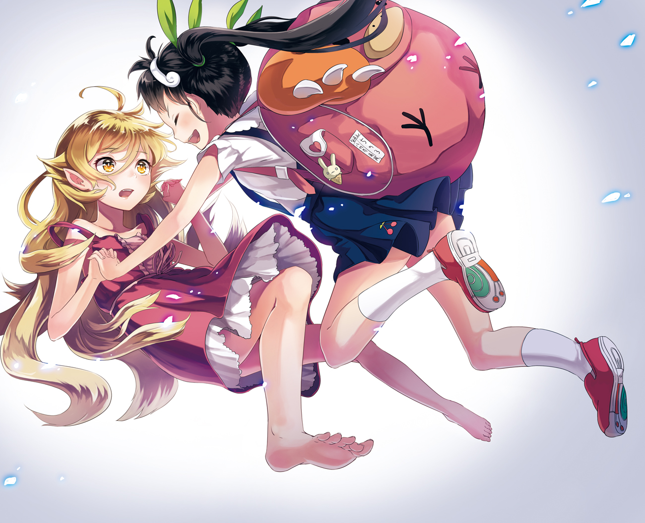 2girls, bakemonogatari, barefoot, black_hair, blonde_hair, hachikuji_mayoi, loli, long_hair, monogatari_(series), oshino_shinobu, pointed_ears, sheep_sleep, socks, twintails, vampire, yellow_eyes