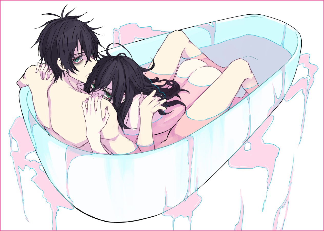 bath, bathtub, black_hair, green_eyes, kuroki_tomoki, kuroki_tomoko, long_hair, nude