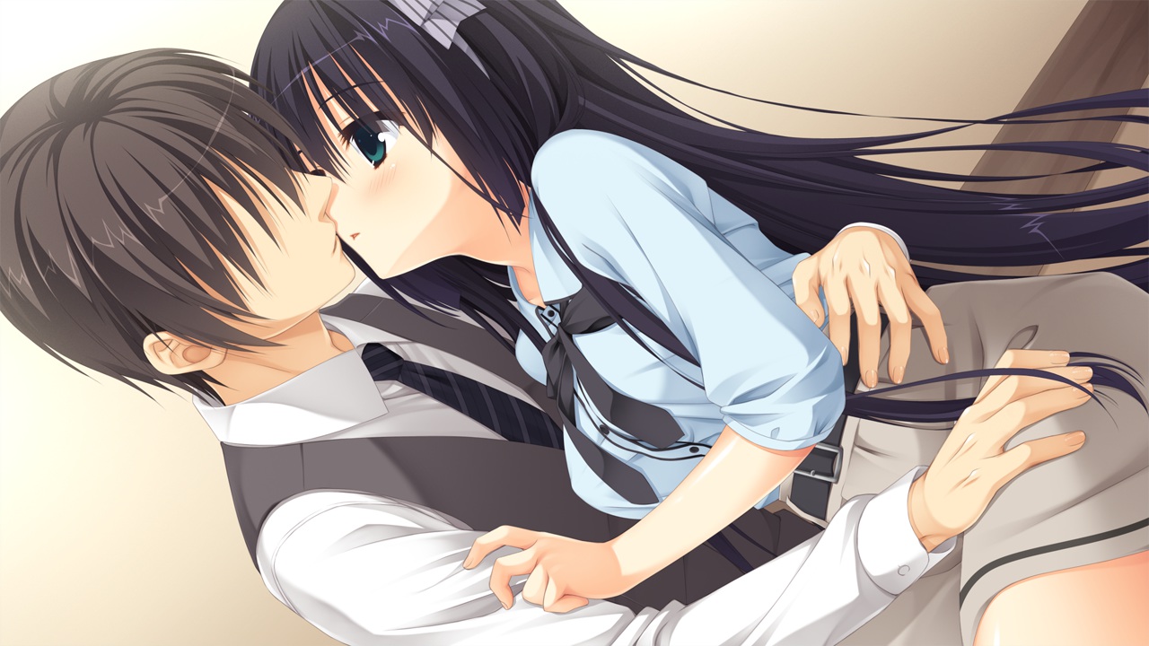 amagiri_yune, amairo_islenauts, black_hair, game_cg, green_eyes, kiss, long_hair, male