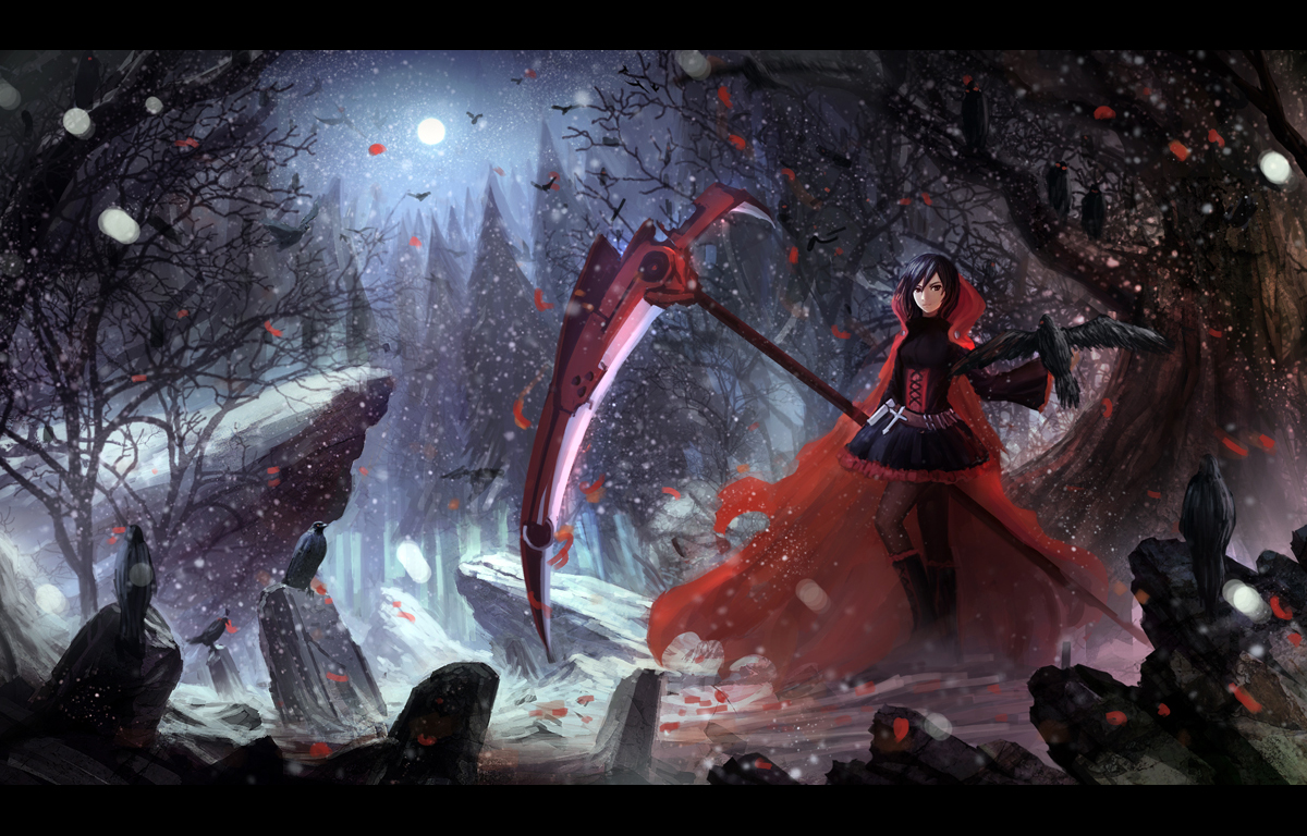 animal, bird, black_hair, boots, cape, cross, dress, forest, moon, pantyhose, red_hair, ruby_rose, rwby, scythe, short_hair, snow, tree, weapon, zi_ye_(hbptcsg2)