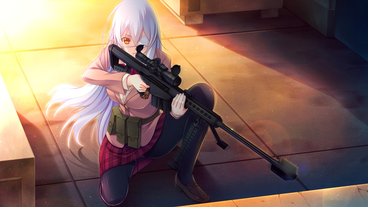 cinematograph, eyepatch, game_cg, gun, innocent_bullet, long_hair, miyasu_sanae, oosaki_shinya, panties, pantyhose, school_uniform, skirt, underwear, weapon, white_hair, yellow_eyes