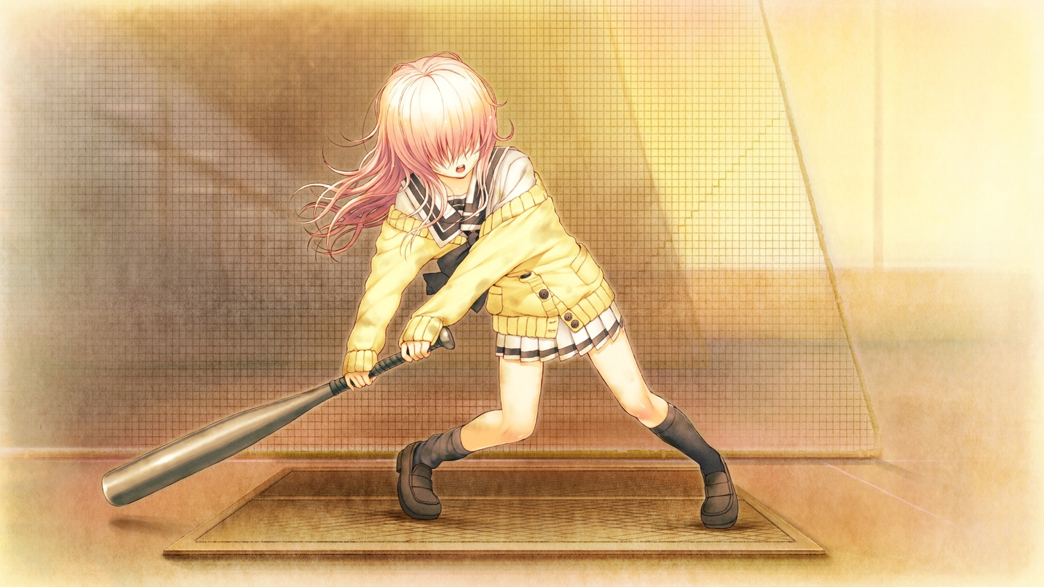 baseball_bat, game_cg, jpeg_artifacts, kimi_to_kanojo_to_kanojo_no_koi., kneehighs, long_hair, mukou_aoi, nitroplus
