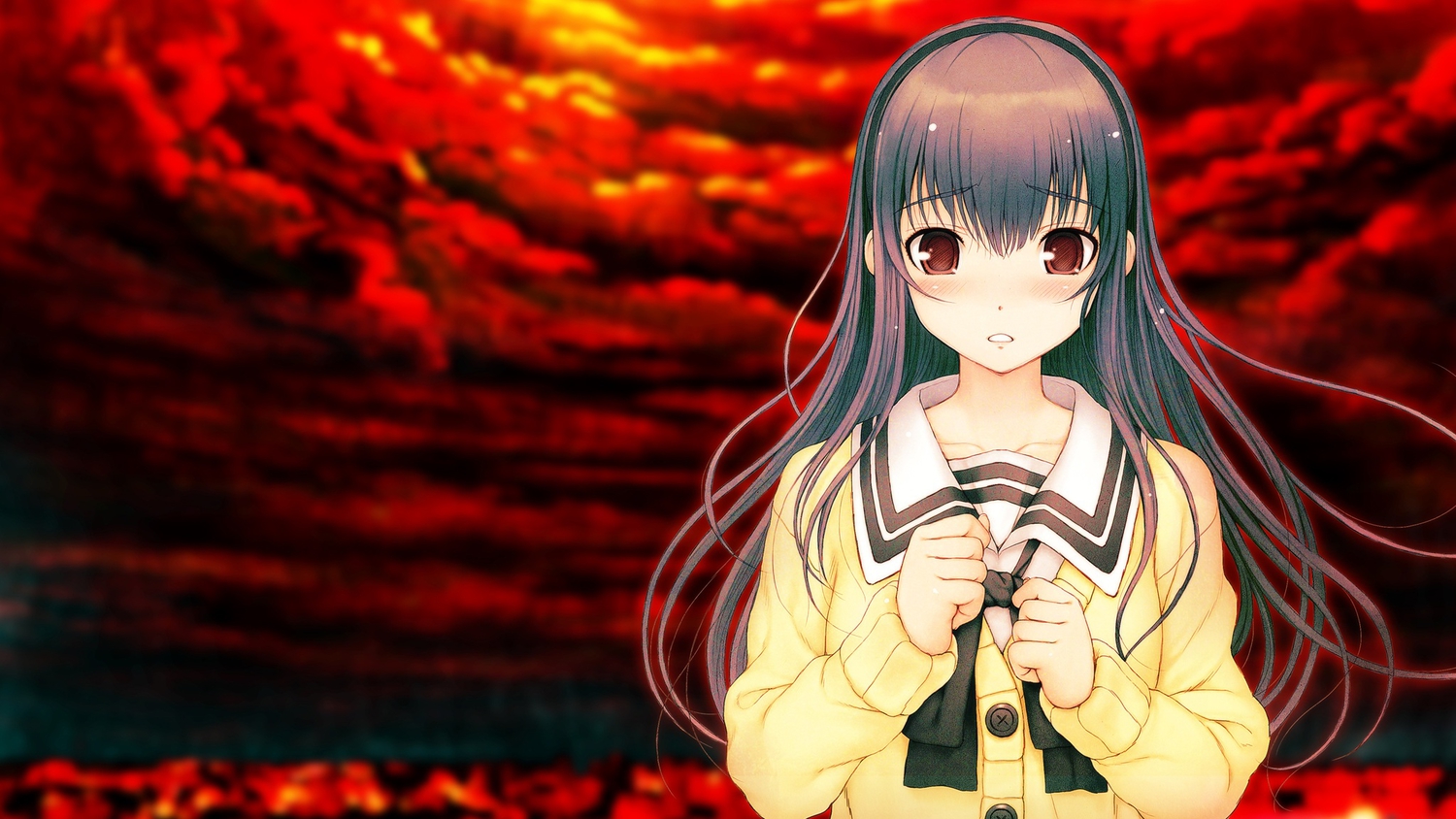 black_hair, blush, game_cg, headband, kimi_to_kanojo_to_kanojo_no_koi., long_hair, nitroplus, purple_eyes