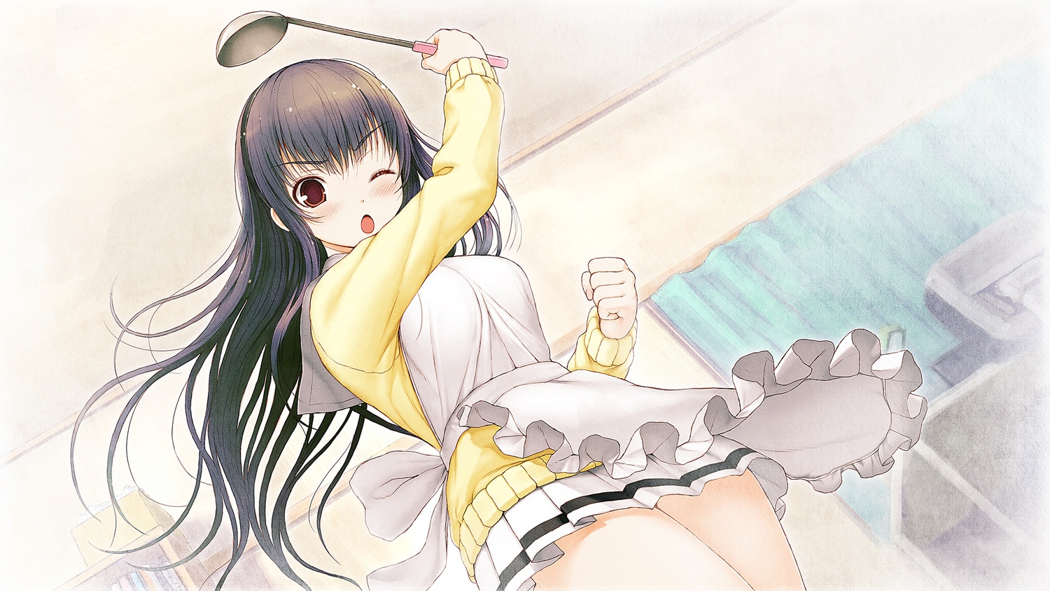 apron, black_hair, blush, game_cg, headband, kimi_to_kanojo_to_kanojo_no_koi., long_hair, nitroplus