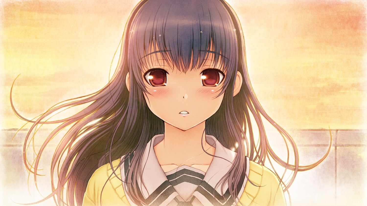 black_hair, blush, close, game_cg, headband, kimi_to_kanojo_to_kanojo_no_koi., long_hair, nitroplus