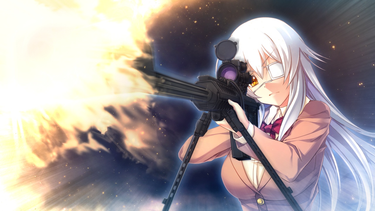 bow, cinematograph, eyepatch, game_cg, gun, innocent_bullet, long_hair, miyasu_sanae