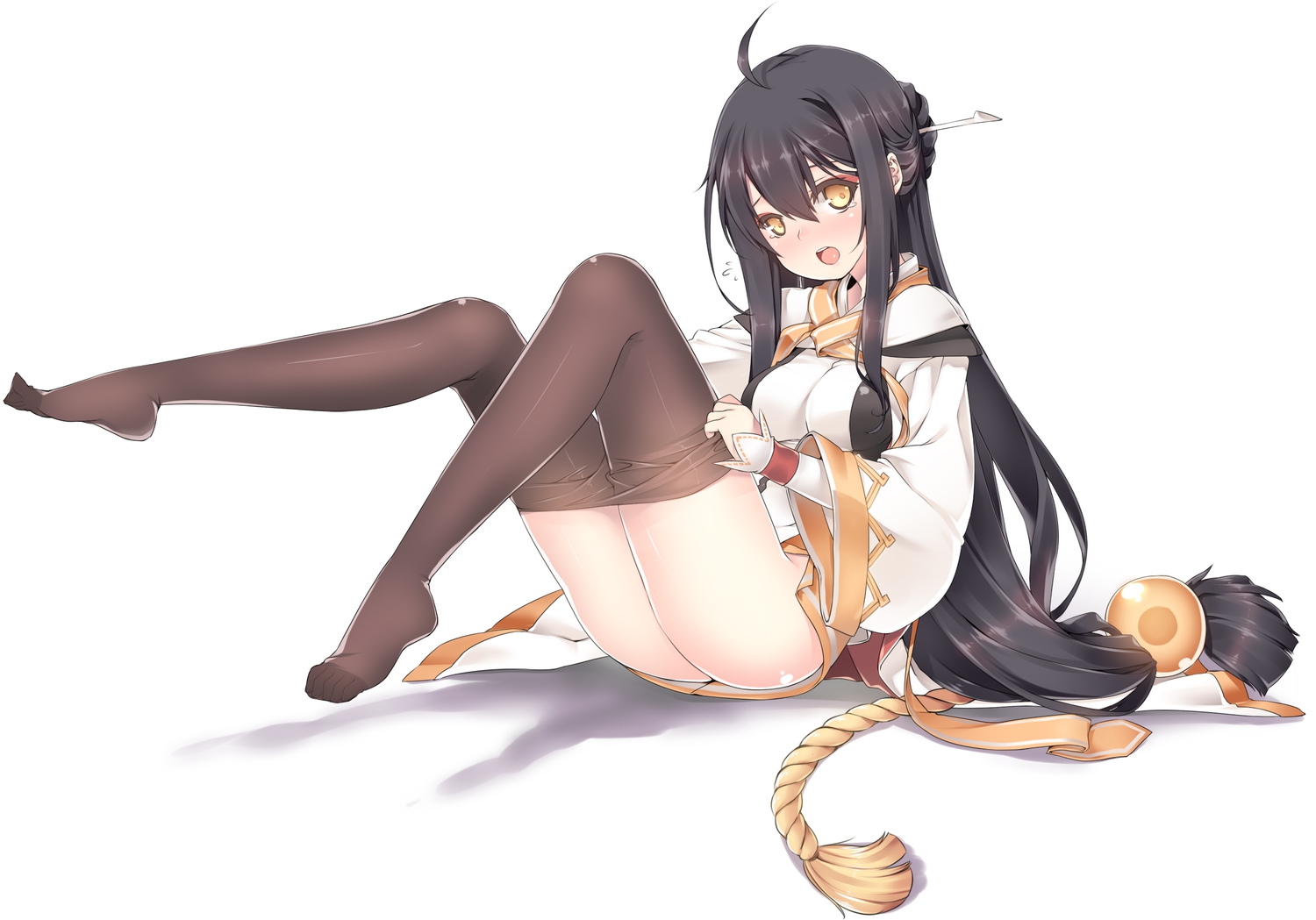 ara_haan, black_hair, blush, dressing, elsword, kuro_(kuronell), long_hair, nopan, pantyhose, white, yellow_eyes