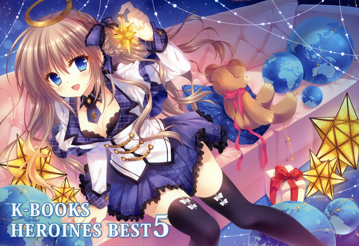 blue_eyes, bow, braids, breasts, brown_hair, choker, cleavage, long_hair