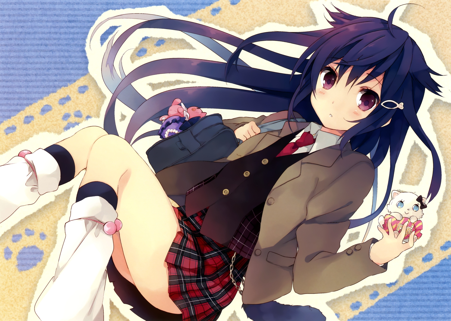blue_hair, chain, kneehighs, long_hair, ousaka_nozomi, purple_eyes, scan, skirt, socks, tie