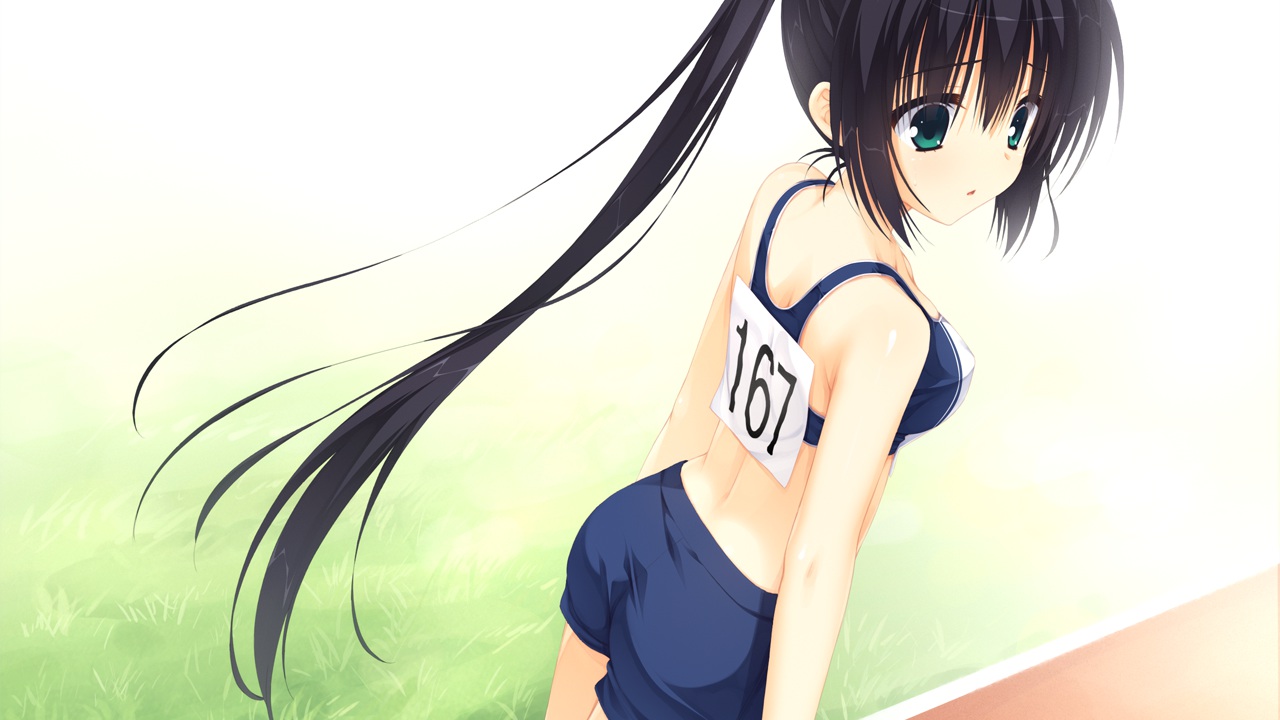 amagiri_yune, amairo_islenauts, black_hair, game_cg, green_eyes, long_hair, muririn, ponytail, shorts, sport, yuzusoft