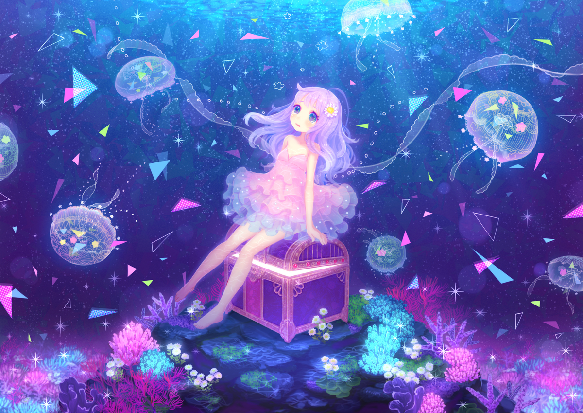 animal, barefoot, dress, flowers, inase, long_hair, original, purple_hair, tears, underwater, water