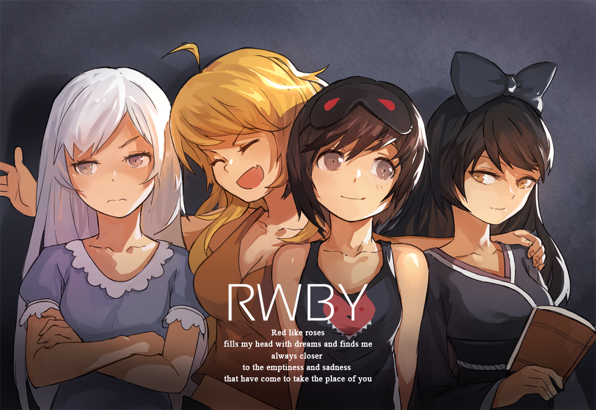 black_hair, blake_belladonna, blonde_hair, book, bow, brown_eyes, brown_hair, fang, jong_tu, long_hair, mask, ruby_rose, rwby, short_hair, weiss_schnee, white_hair, yang_xiao_long, yellow_eyes
