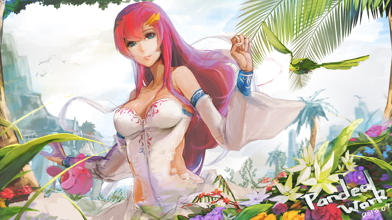 animal, bird, blue_eyes, breasts, cleavage, dress, flowers, gundam_seed, gundam_seed_destiny, lacus_clyne, long_hair, mobile_suit_gundam, red_hair, sky_of_morika