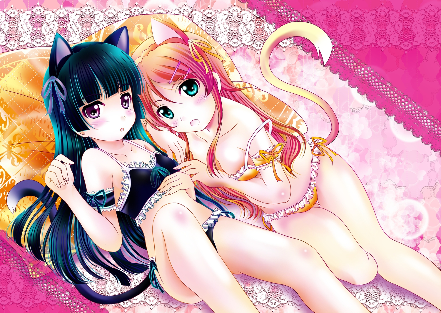 2girls, aka_kitsune, animal_ears, bikini, black_hair, blonde_hair, blue_eyes, blush, catgirl, gokou_ruri, kousaka_kirino, long_hair, ore_no_imouto_ga_konna_ni_kawaii_wake_ga_nai, purple_eyes, swimsuit, tail