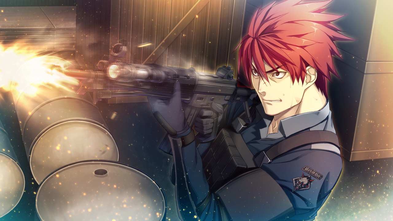 all_male, armor, cinematograph, game_cg, gun, innocent_bullet, katakura_mitsugi, male, oosaki_shinya, orange_eyes, police, police_uniform, red_hair, short_hair, weapon