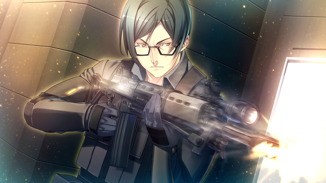 all_male, armor, cinematograph, game_cg, glasses, green_hair, gun, innocent_bullet, male, oosaki_shinya, police, police_uniform, short_hair, sugie_ryou, weapon, yellow_eyes
