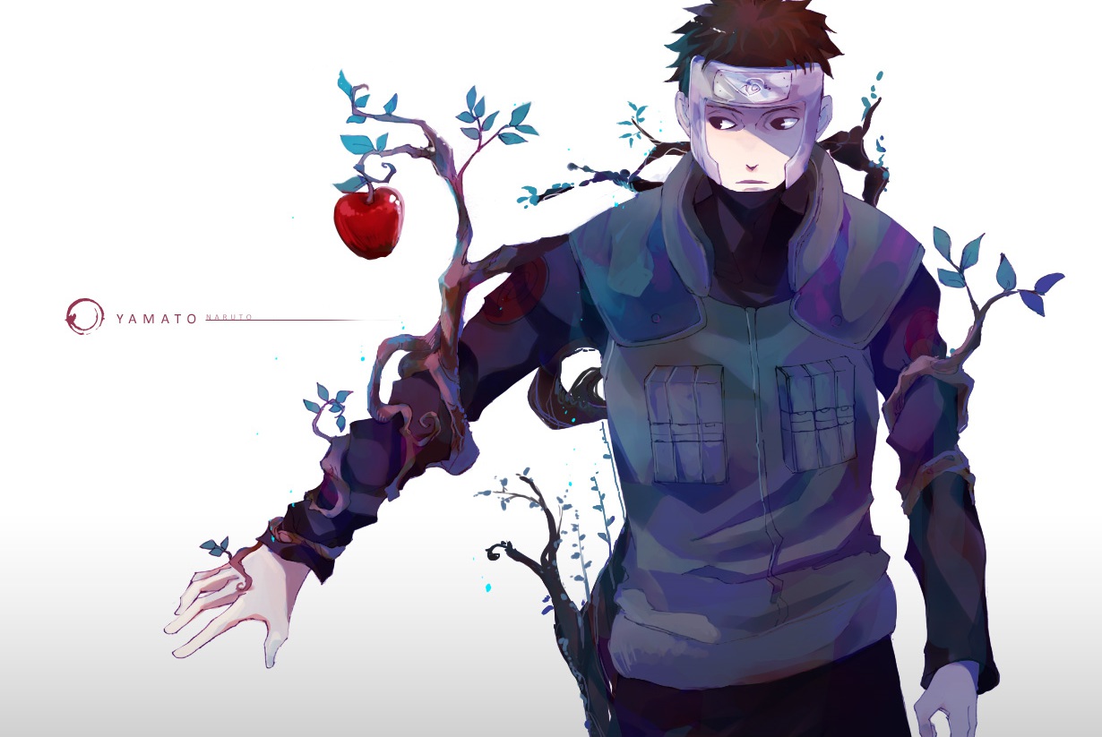 all_male, apple, asato_(artist), black_eyes, brown_hair, food, fruit, headband, leaves, male, naruto, naruto_shippuden, short_hair, uniform, yamato_(naruto)