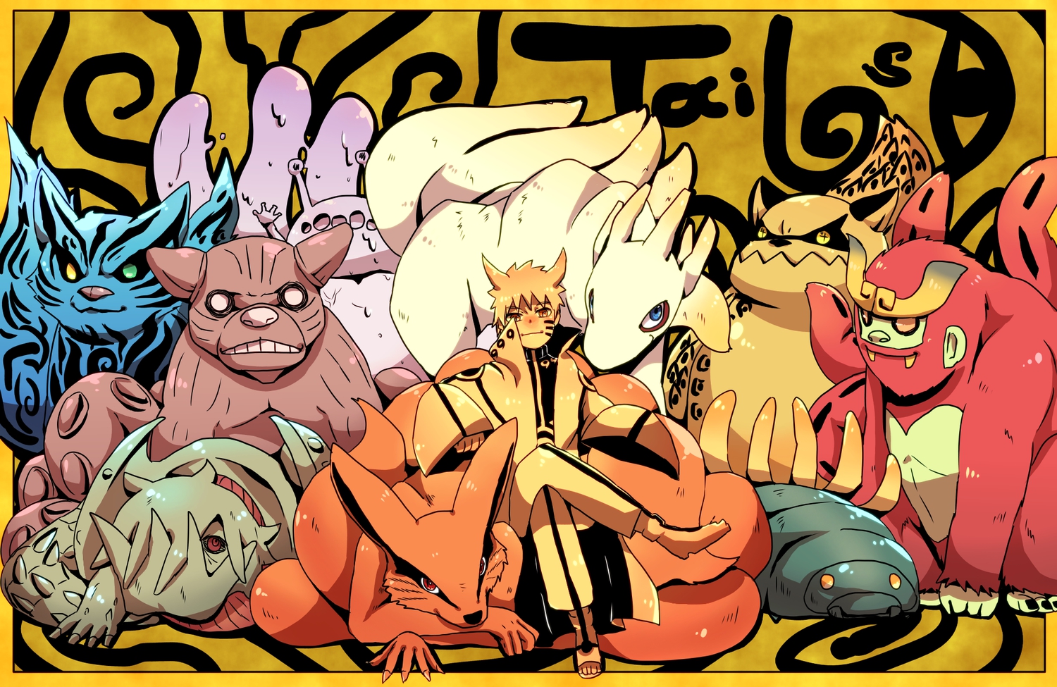 all_male, chomei_(naruto), group, gyuki_(naruto), horns, isobu_(naruto), kokuo_(naruto), kurama_(naruto), male, matatabi_(naruto), multiple_tails, naruto, naruto_shippuden, o96ap, orange_eyes, orange_hair, saiken_(naruto), short_hair, shukaku_(naruto), son_goku_(naruto), tail, uzumaki_naruto