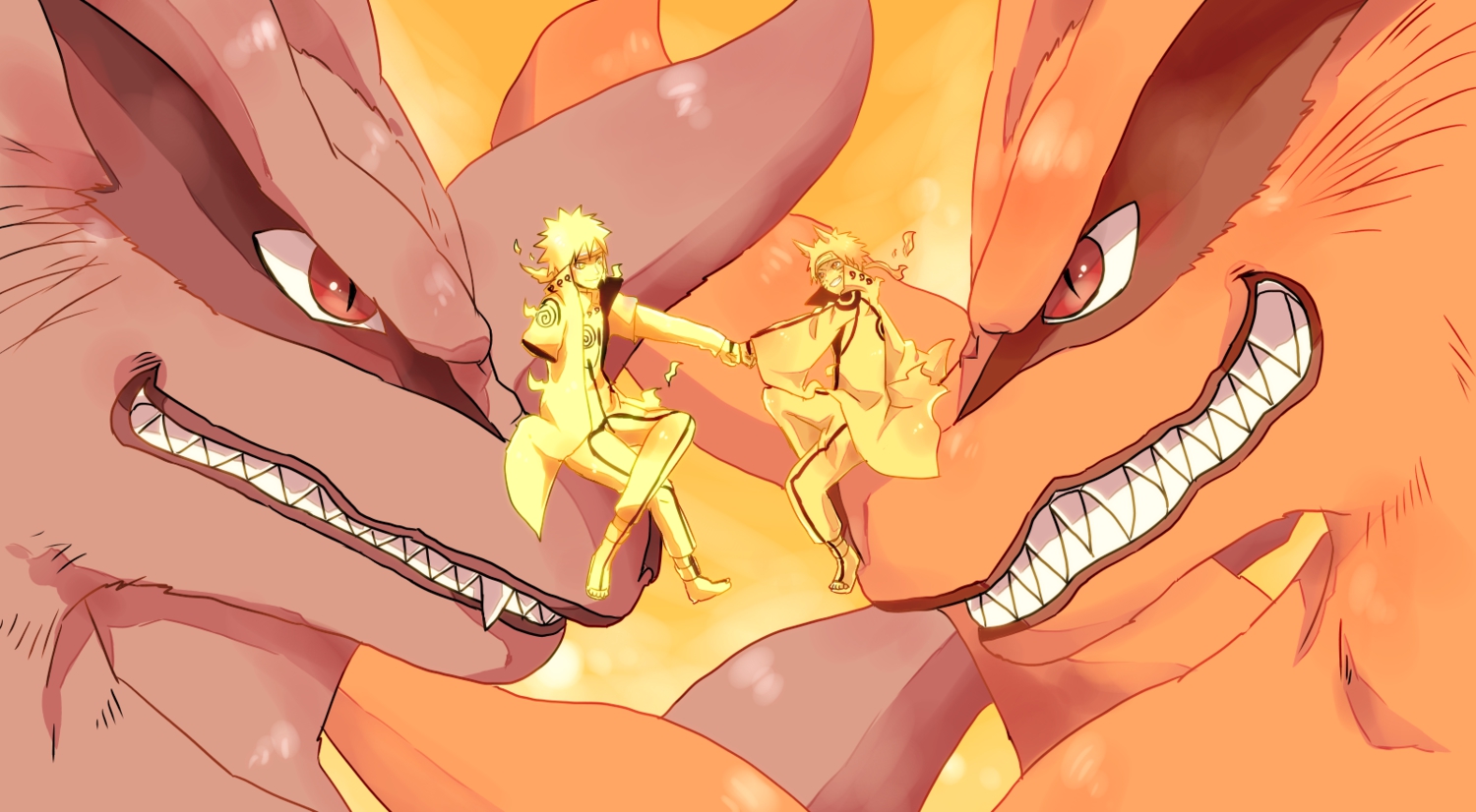 all_male, fang, headband, horns, kurama_(naruto), male, multiple_tails, namikaze_minato