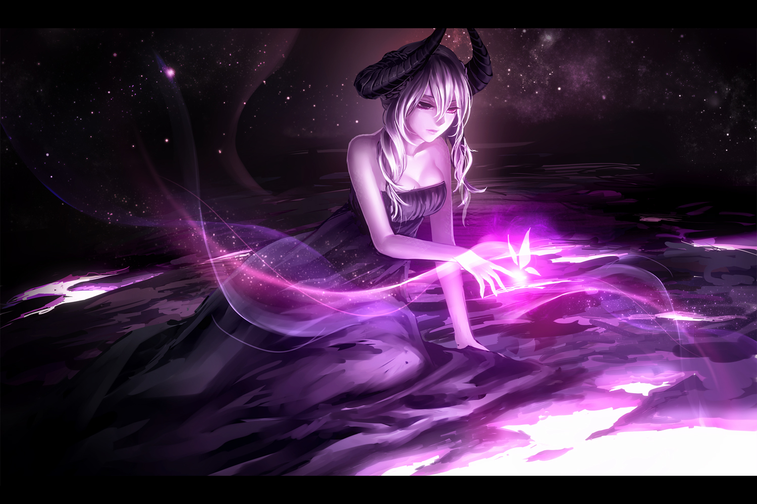 braids, breasts, butterfly, cleavage, dress, horns, long_hair, original, purple, purple_eyes, purple_hair, sasama_keiji