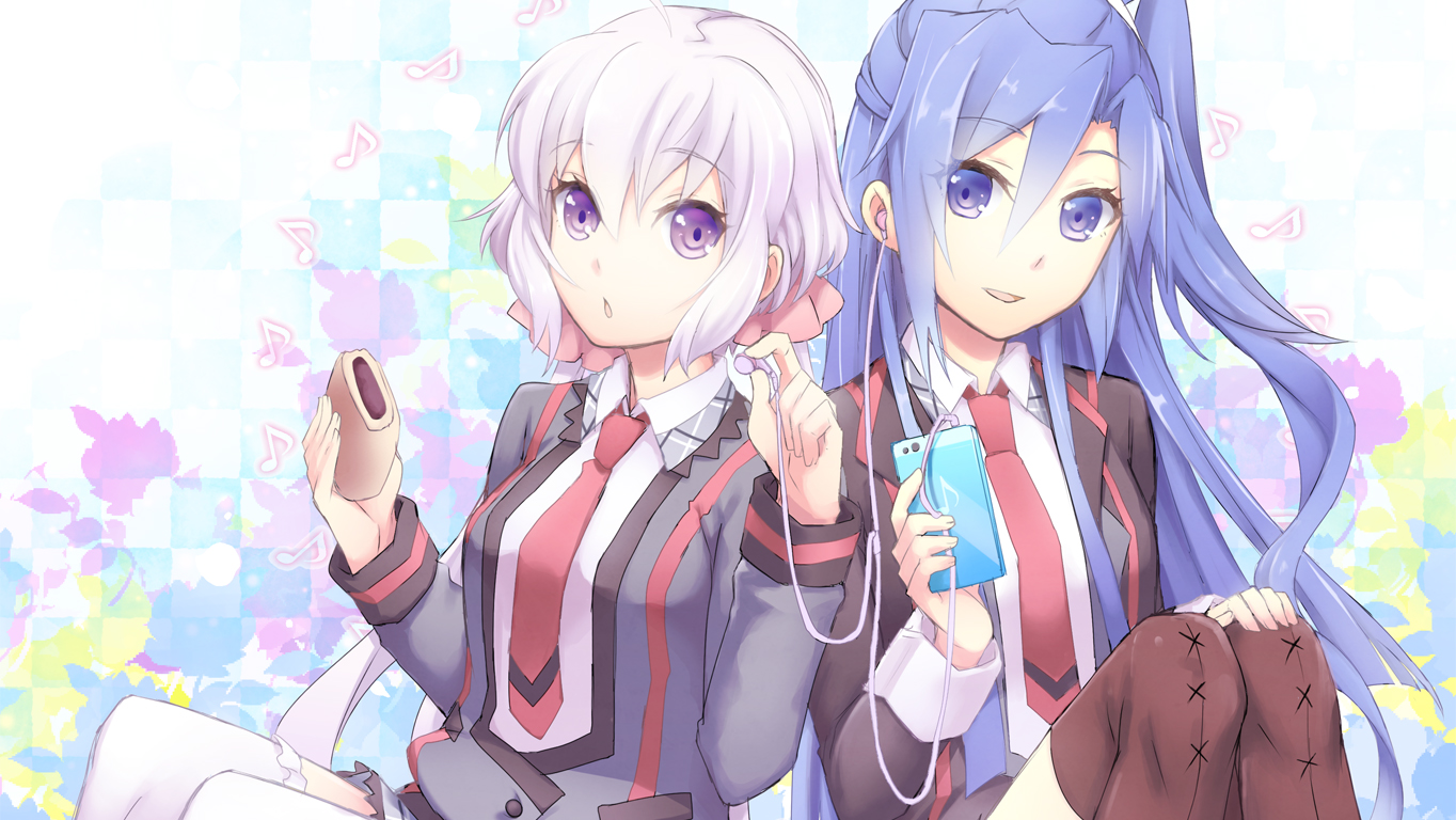 2girls, blue_eyes, blue_hair, food, kazanari_tsubasa, long_hair, phone, purple_eyes