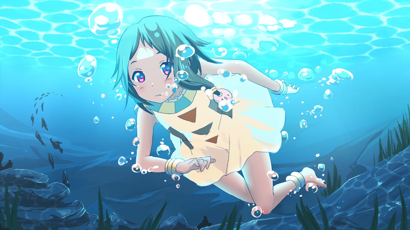 akihikohex, animal, barefoot, bubbles, choi_mochimazzui, fish, gray_hair, pink_eyes, short_hair, tamako_market, underwater, water