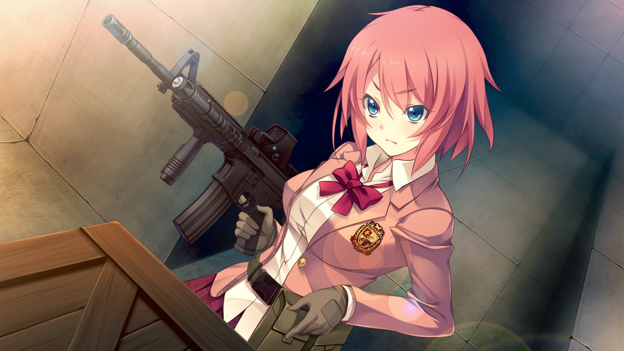 blue_eyes, bow, cinematograph, game_cg, gloves, gun, innocent_bullet, kanzaki_sayaka