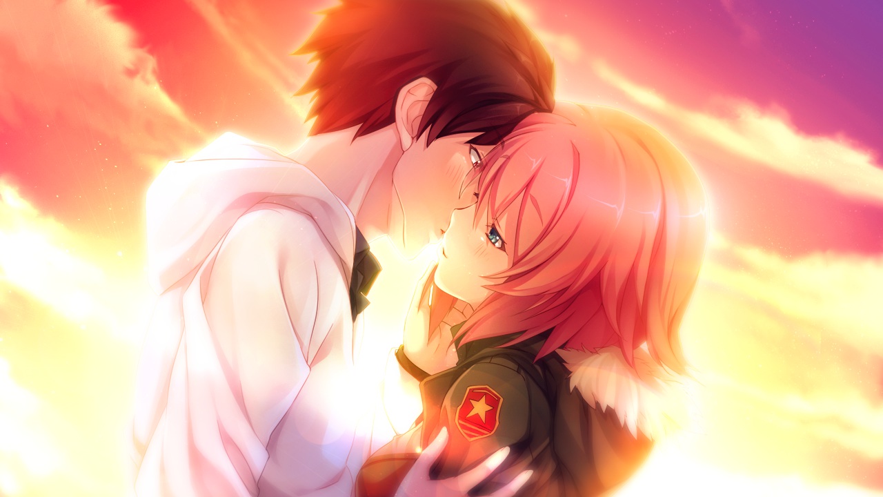 blue_eyes, blush, brown_hair, cinematograph, clouds, game_cg, innocent_bullet, kanzaki_sayaka, kiss, nachi_yuuji, oosaki_shinya, red_hair, short_hair, sky, sunset