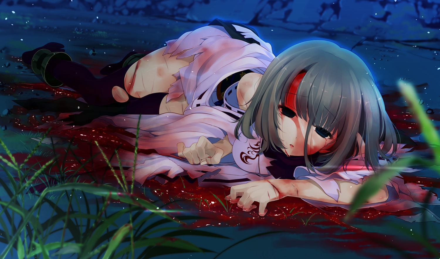 blood, brown_hair, crying, game_cg, grass, hayakawa_harui, japanese_clothes, lass, miko, scarf, short_hair, shoujo_shiniki_shoujo_tengoku, tears, thighhighs, torn_clothes, tsunasaki_aoi