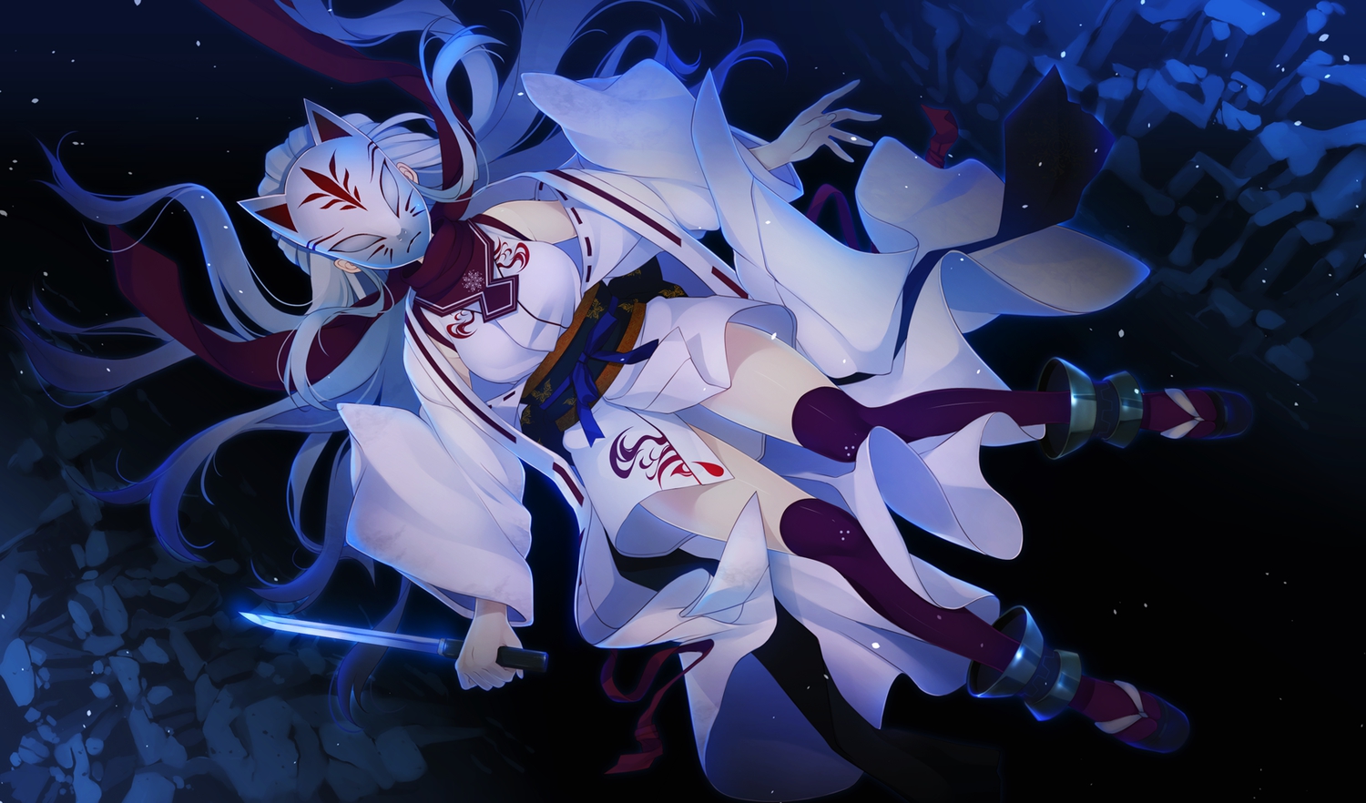 game_cg, hayakawa_harui, japanese_clothes, knife, lass, long_hair, mask, miko