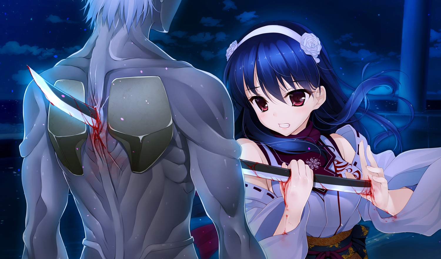 black_hair, blood, game_cg, hayakawa_harui, headband, japanese_clothes, katana, lass