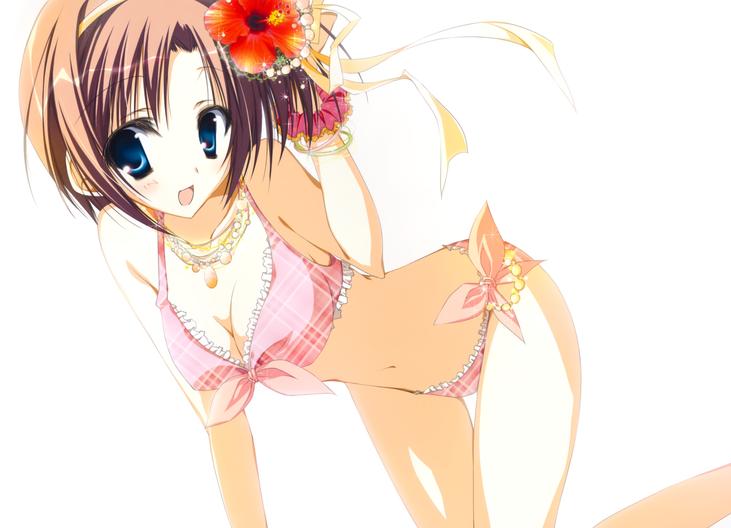 bikini, blue_eyes, breasts, brown_hair, cleavage, inugami_kira, navel, necklace, seitokai_no_ichizon, short_hair, swimsuit, uchuu_meguru, white