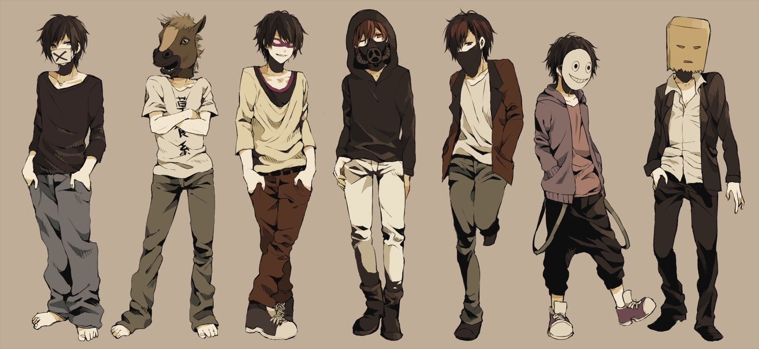all_male, barefoot, black_hair, brown_hair, group, kina58, male, mask, original, short_hair, shorts