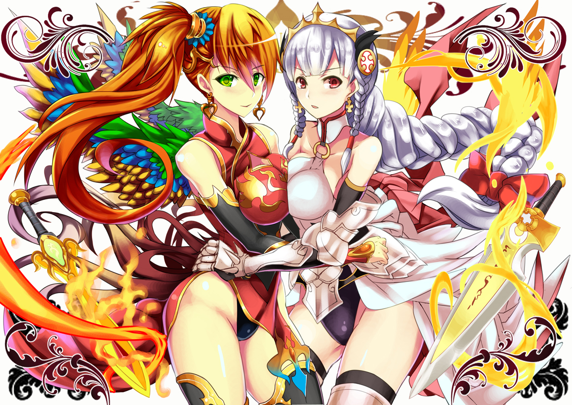 2girls, armor, bow, braids, chinese_clothes, chinese_dress, dress, fire