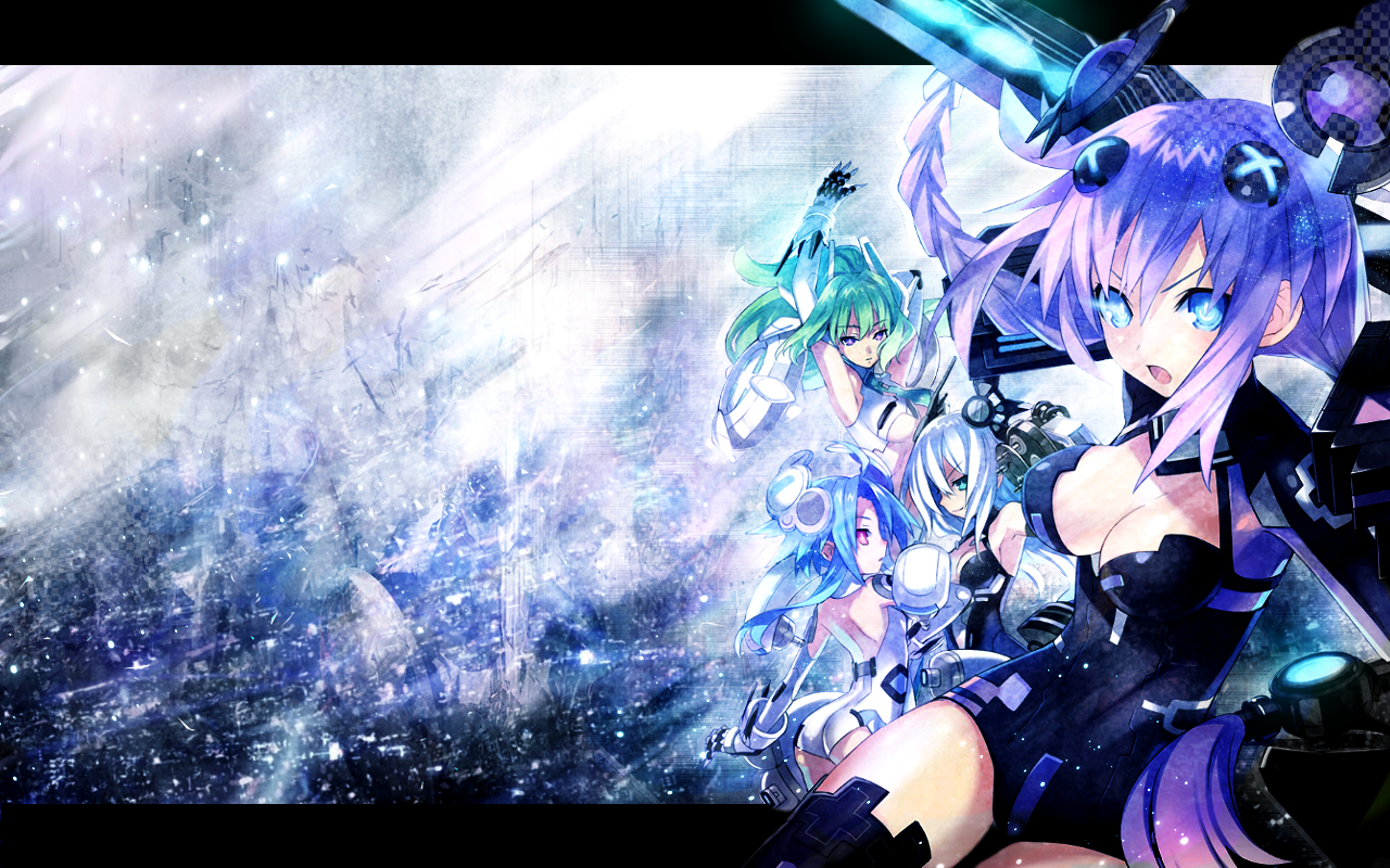 aqua_eyes, aqua_hair, black_heart, blanc, blue_eyes, braids, breasts, cleavage