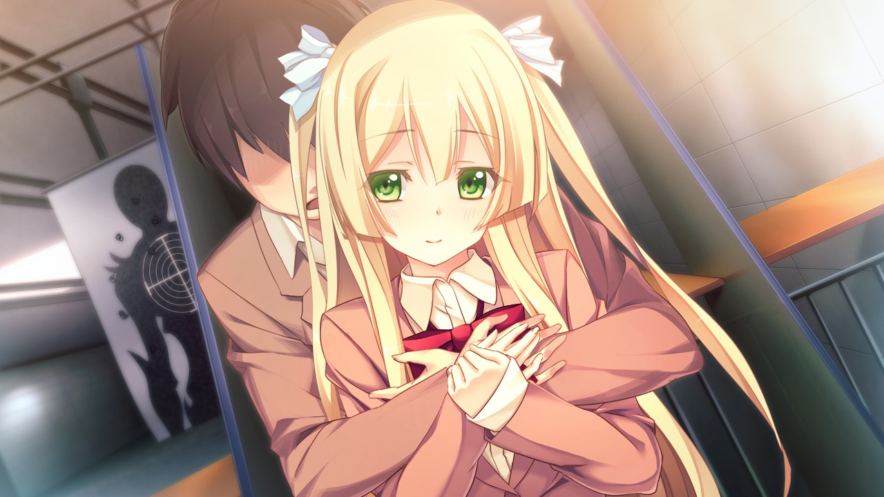 blonde_hair, blush, bow, brown_hair, cinematograph, game_cg, green_eyes, hug