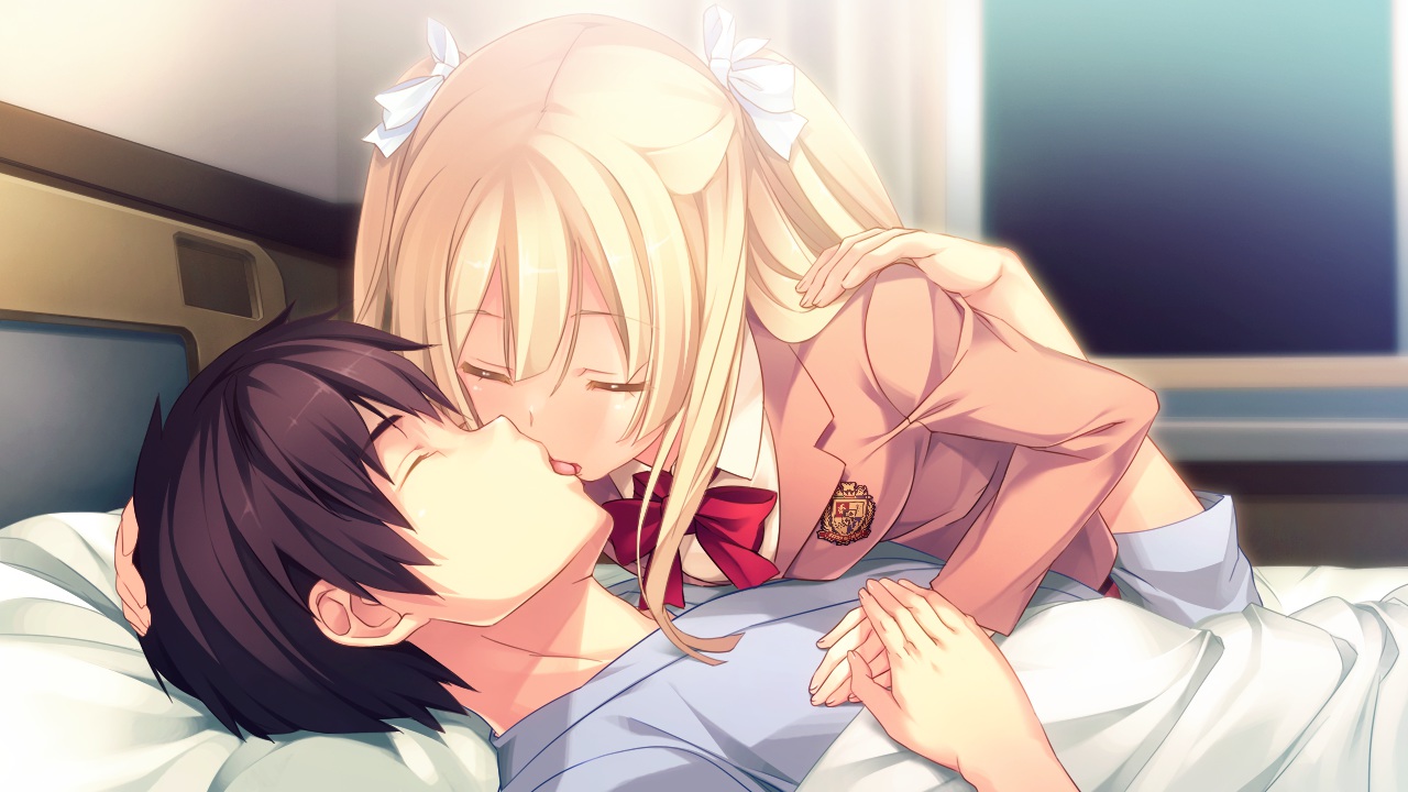 bed, blonde_hair, bow, brown_hair, cinematograph, game_cg, innocent_bullet, kiss