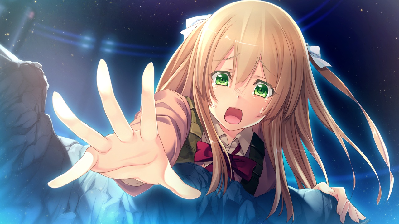 blonde_hair, bow, cinematograph, game_cg, green_eyes, innocent_bullet, long_hair, night