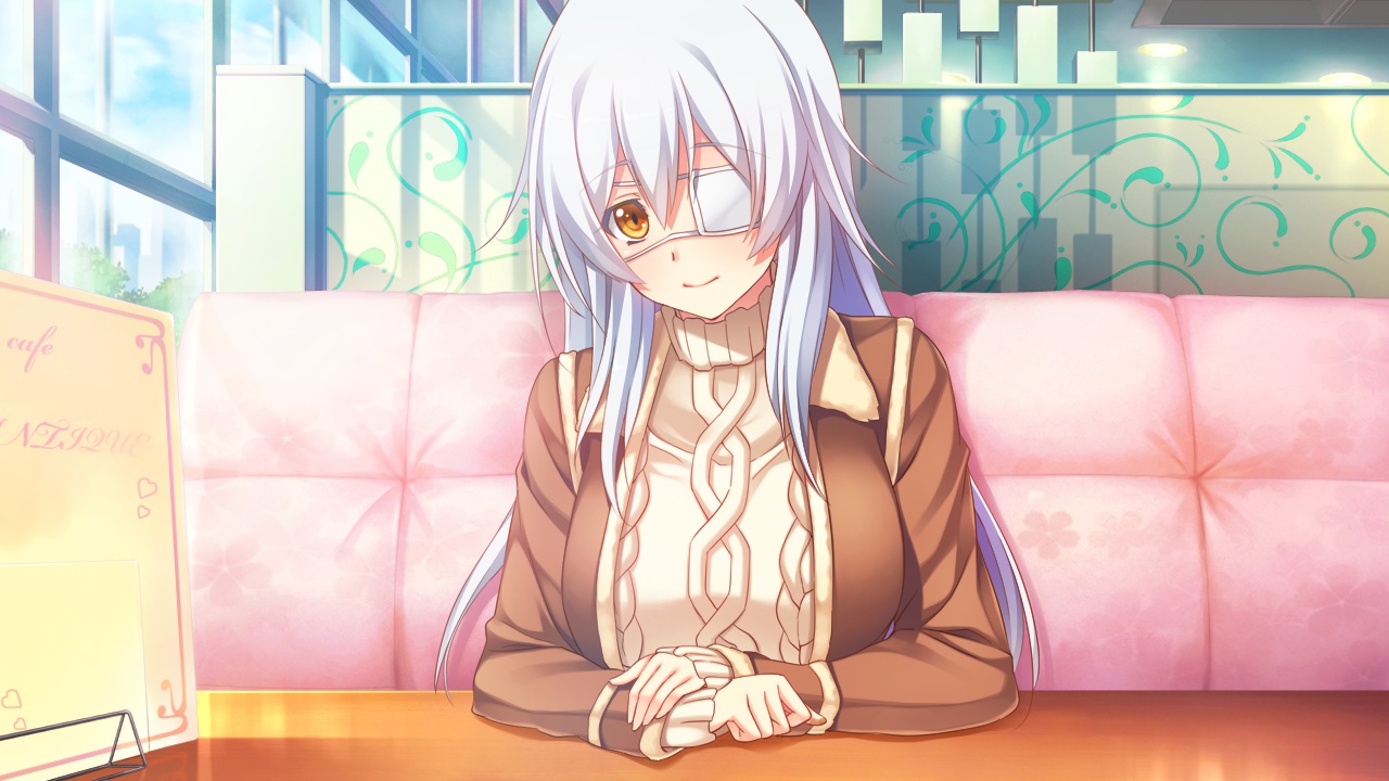 cinematograph, eyepatch, game_cg, innocent_bullet, long_hair, miyasu_sanae, oosaki_shinya, white_hair
