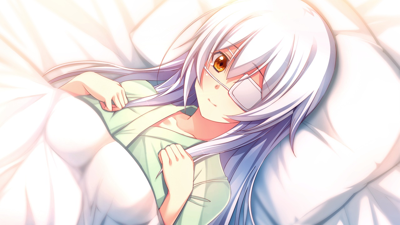 bed, cinematograph, eyepatch, game_cg, innocent_bullet, long_hair, miyasu_sanae, oosaki_shinya, orange_eyes, white_hair