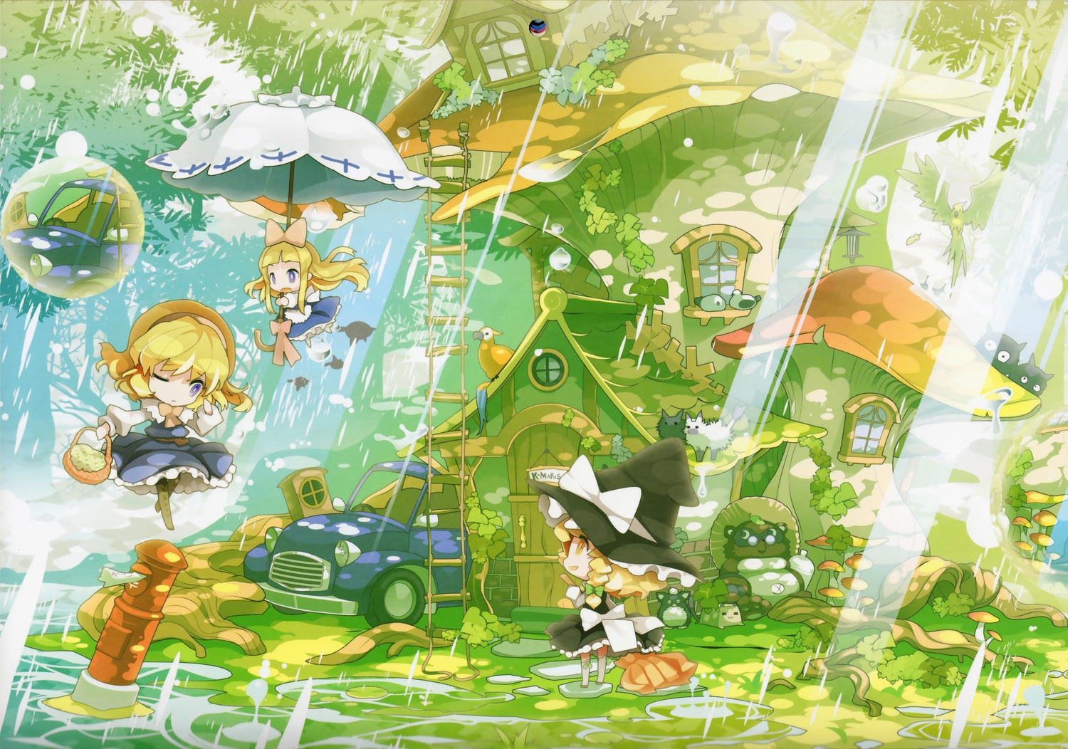 alice_margatroid, animal, bird, blonde_hair, blue_eyes, boots, bow, braids, bubbles, car, cat, chibi, doll, dress, hat, headband, kirisame_marisa, kneehighs, long_hair, rain, ribbons, scan, shanghai_doll, short_hair, touhou, uki, umbrella, water, wink, witch, yellow_eyes