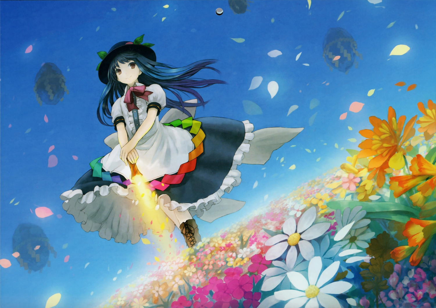 blue_hair, boots, bow, brown_eyes, dress, flowers, food, fruit