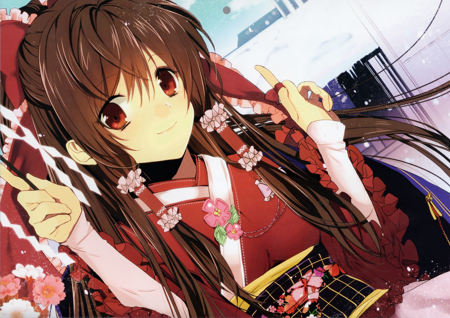 bow, brown_hair, flowers, hakurei_reimu, japanese_clothes, kimono, long_hair, manyako_(mohumohu), miko, red_eyes, ribbons, scan, touhou