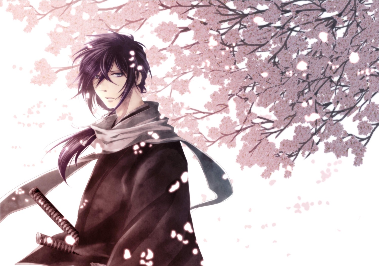 all_male, aoi_(artist), blue_eyes, cherry_blossoms, flowers, hakuouki_shinsengumi_kitan, japanese_clothes, male
