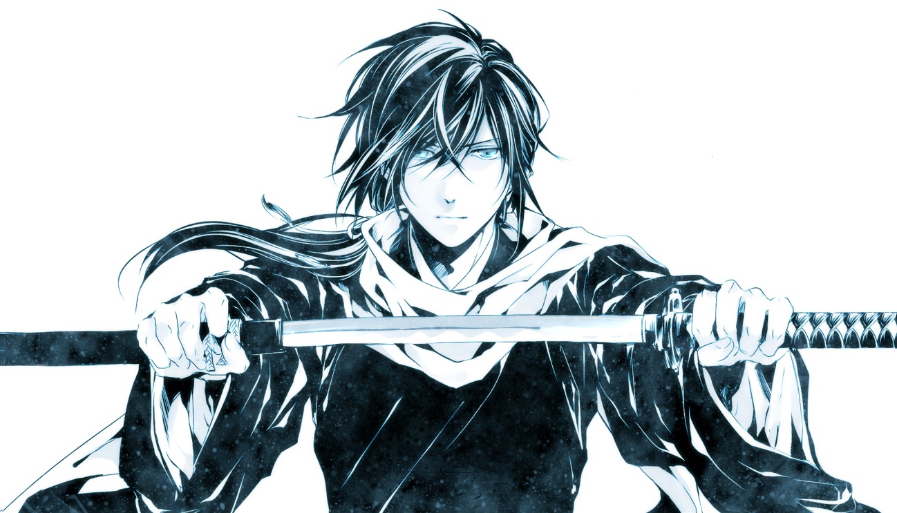 all_male, aoi_(artist), blue_eyes, hakuouki_shinsengumi_kitan, japanese_clothes, katana, male, polychromatic, ponytail, saitou_hajime, samurai, scarf, sword, weapon