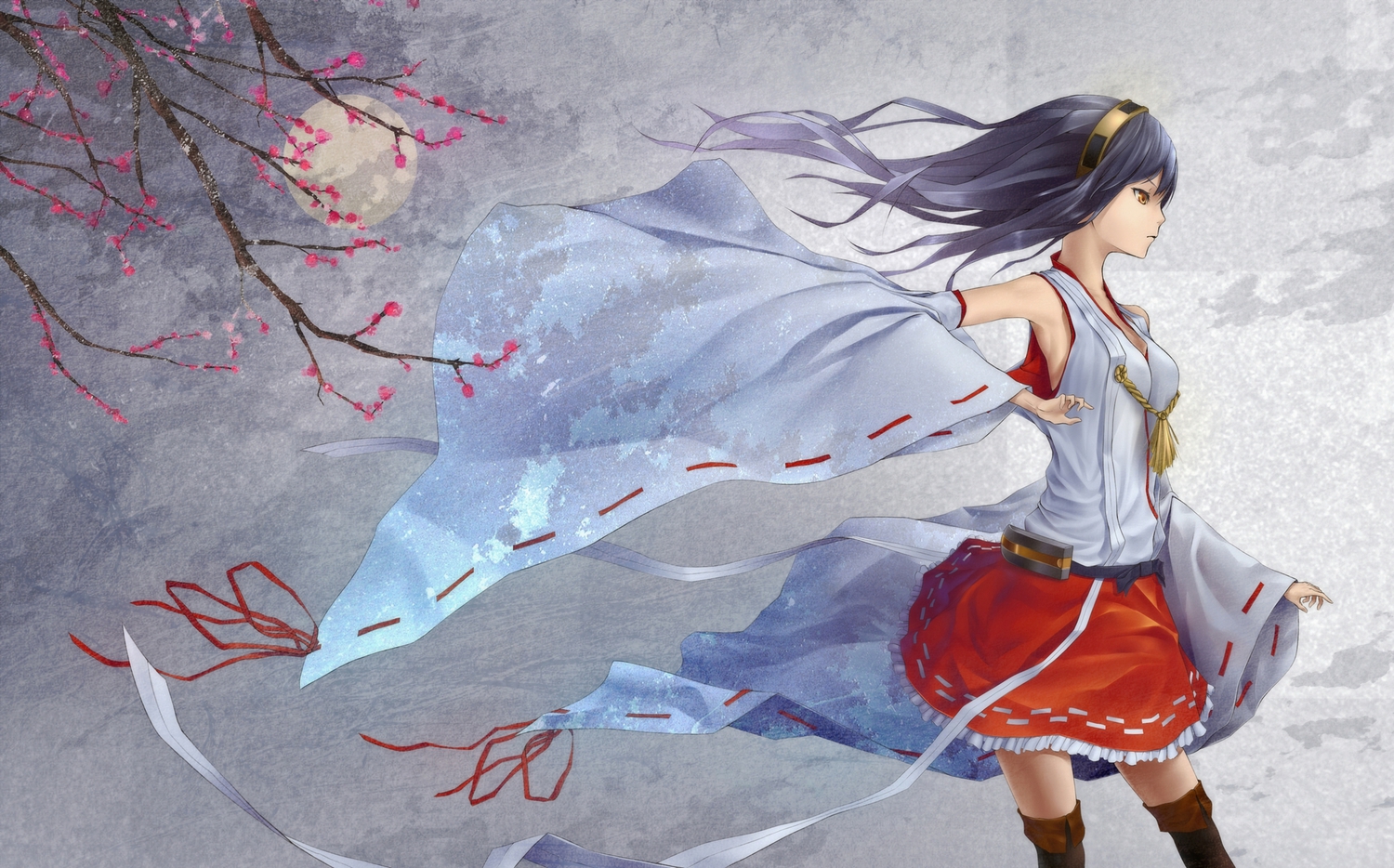 anthropomorphism, black_hair, cherry_blossoms, flowers, haruna_(kancolle), headband, japanese_clothes, kantai_collection